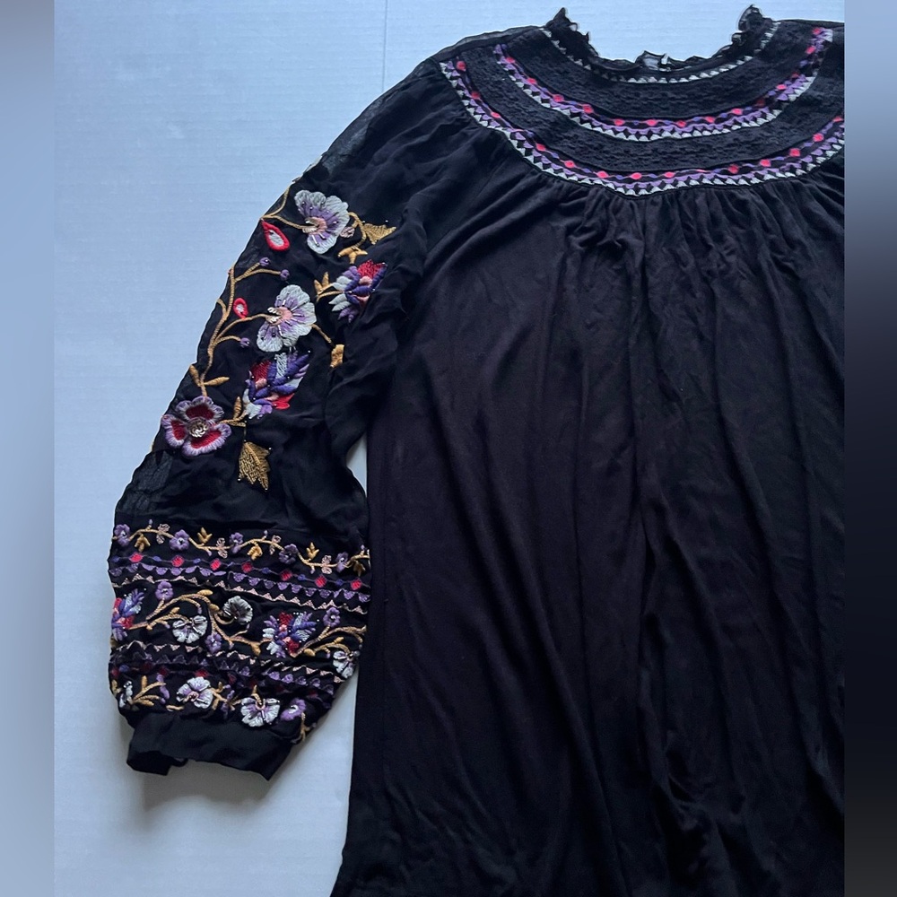 Akemi + Kin Louise Black Floral Embroidery Sheer Long Sleeve Boho Peasant Top - Picture 8 of 16